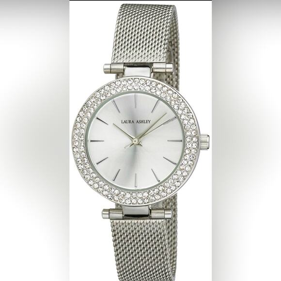 NEW Laura Ashley WATCH Ladies Silver TBar Crystal Bezel Mesh Band Buckle Strap - Picture 1 of 8